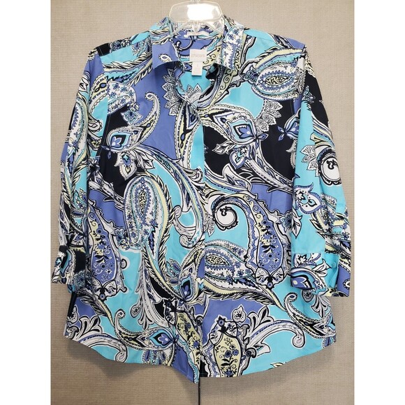 Chico's No Iron Cotton Blue Paisley Button-Back Button-Up Shirt Size 1 MEDIUM - Picture 1 of 7